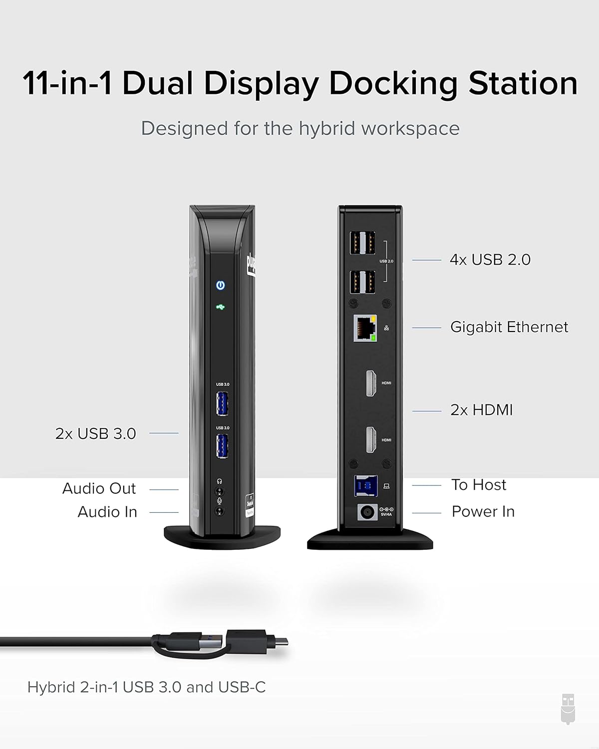 Plugable Laptop Docking Station Dual Monitor for USB-C or USB 3.0, Compatible with Windows and Mac, (Dual HDMI, 6X USB Ports, Gigabit Ethernet, Audio)
