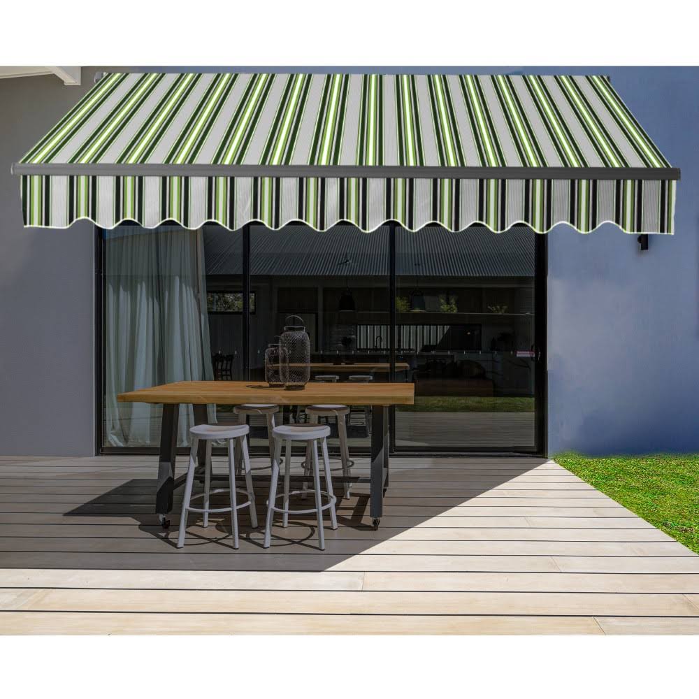 Aleko Abm12x10mstgr58-ap Motorized Retractable Black Frame Patio Awning 12 x 10 Feet - Multi-Striped Green