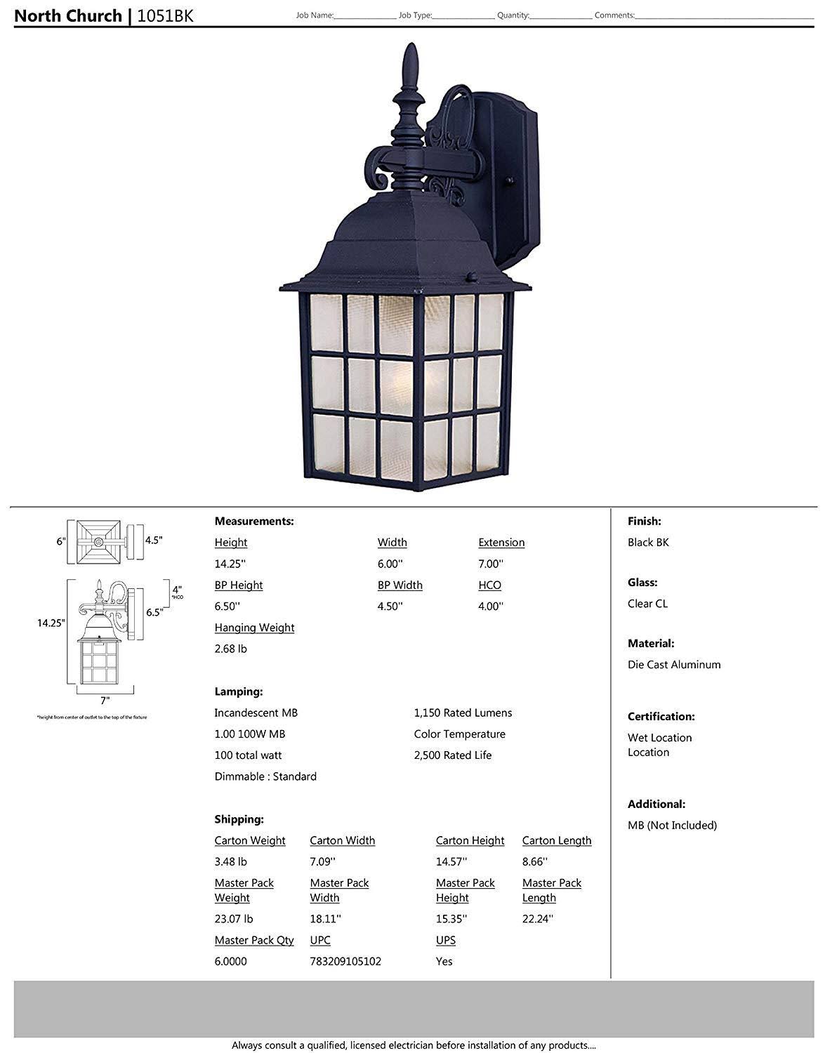 Maxim 1051BK North Church 1-Light Outdoor Wall Lantern, Black Finish, Clear Glas