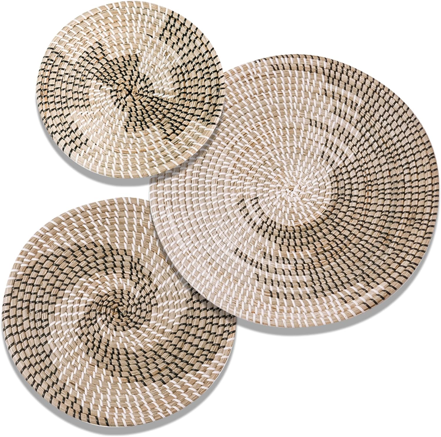 Handmade Hanging Woven Wall Basket Decor Set - 3 Artistic Round Seagrass Baskets for Bedroom, Kitchen, and Living Room - Multi-Purpose, Easy to Hang Natural Boho Basket Wall Decor and Storage Pack of 2