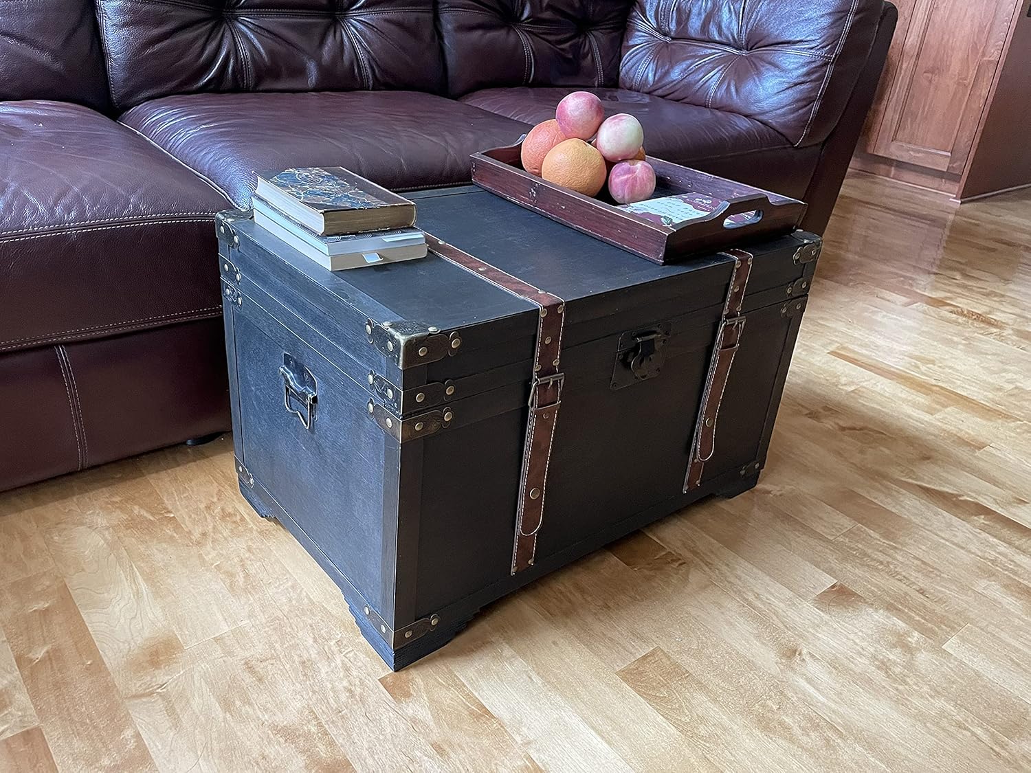 Gold Rush Steamer Trunk Wood Storage Wooden Treasure Chest - Large Trunk Black