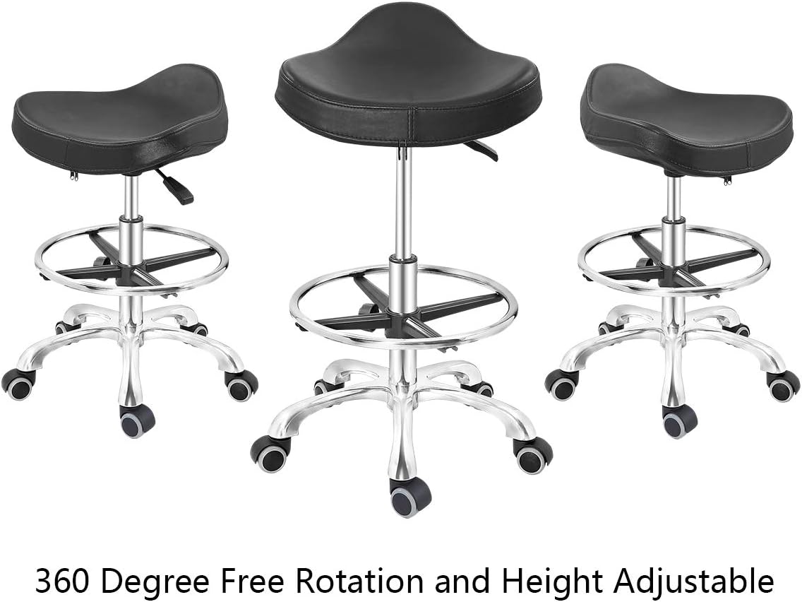 Grace & Grace Height Adjustable Rolling Swivel Stool Chair with Ergonomic Seat and Comfortable Footrest Heavy Duty Metal Base for Salon,Shop, Kitchen (Black, with Caster)