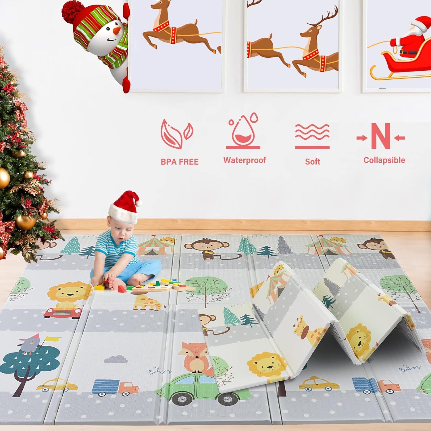 Elantrip Foldable Waterproof Non-Toxic Baby Play Mat, 77x70x0.6 inches Extra Large Reversible Foam Crawling Mat for Infants with Forest Pattern Pack of 2