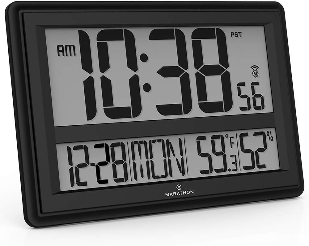 MARATHON Jumbo Atomic Wall Clock with Temperature and Humidity (Black)