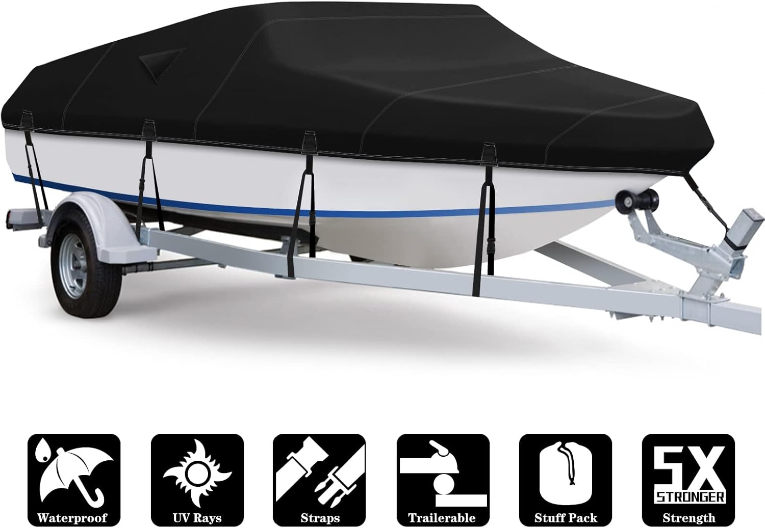 Trailerable Waterproof Boat Cover,Fits 20 - 22 ft V-Hull Fishing Runabout Bowrider Boat,Tri-Hull,Pro Bass Boat,Fish and Ski Boat 20'-22',Heavy Duty 600D Marine Grade Canvas Black