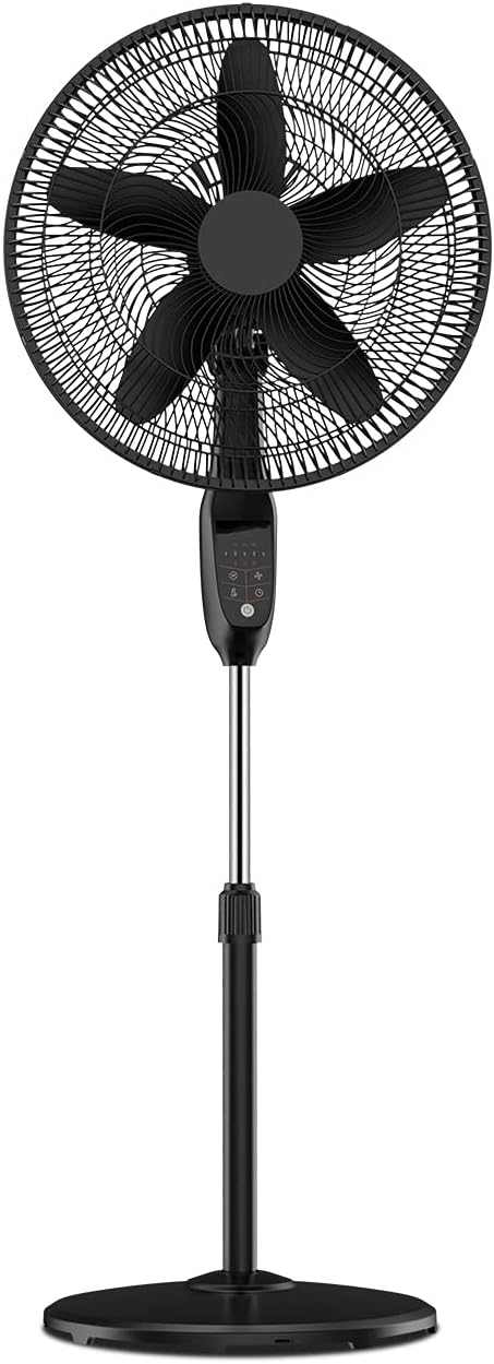PELONIS PFS45A5BBB 18 inch 5-Blade Oscillating, Adjustable Standing Pedestal Remote, LED Display, 5 Speed Setting and 7-Hour Timer Fan, Black