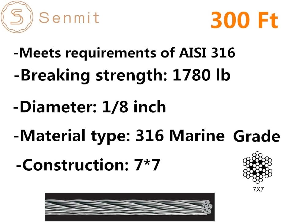 Senmit 1/8 Stainless Steel Aircraft Wire Rope for Deck Cable Railing Kit,7x7 300Feet T316 Marin Grade Pack of 2