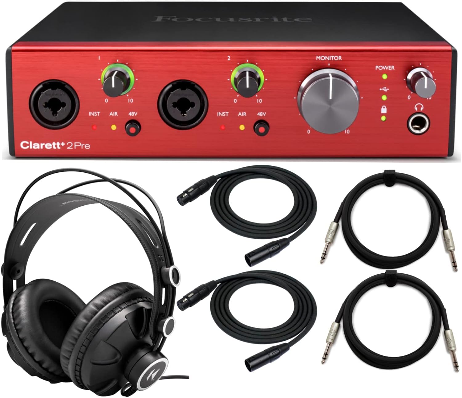 Focusrite Clarett+ 2Pre 10-In and 4-Out Audio Interface Bundle with Knox Gear Closed-Back Studio Headphones, XLR Cables and 1/4-Inch TRS Cables (6 Items)