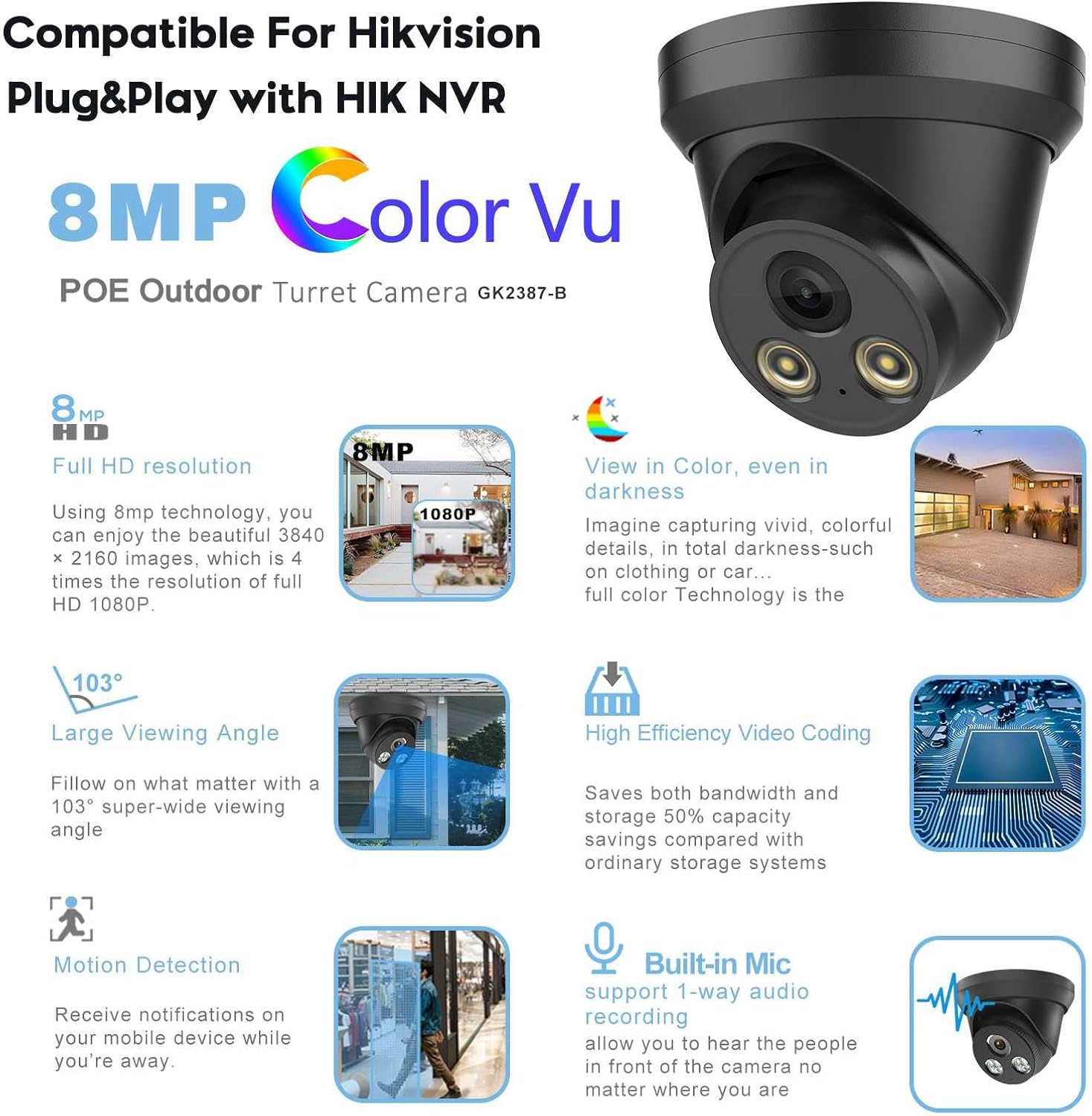 Compatible for Hikvision 4K 8MP Full Color Night Vision POE IP Security Camera ColorVu Outdoor Turret Camera(Black),2.8mm Fixed Lens,Built-in Mic,IP67 Waterproof,Motion Detection(GK2387-B)