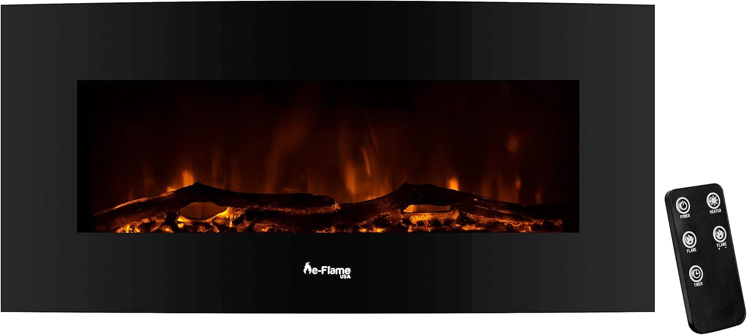 e-Flame USA Sundance Curved Wall Mounted or Freestanding LED Electric Fireplace with Remote - Adjustable, Timer, Remote - 34-inch