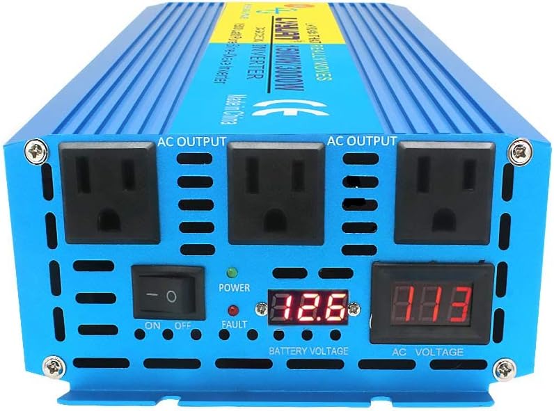 IpowerBingo Pure Sine Wave Power Inverter 1500W/3000W(Peak) 12V DC to 110 V AC with 3 AC Outlets 2 Battery Cables with LCD Display Car Boat Inverter