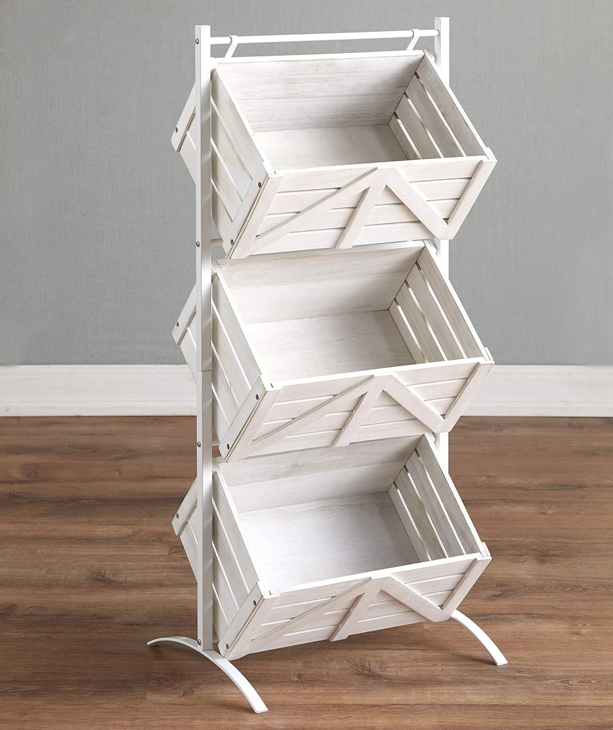The Lakeside Collection Triple Basket Storage Rack Rustic Shelving Unit with Farmhouse Look - Wood