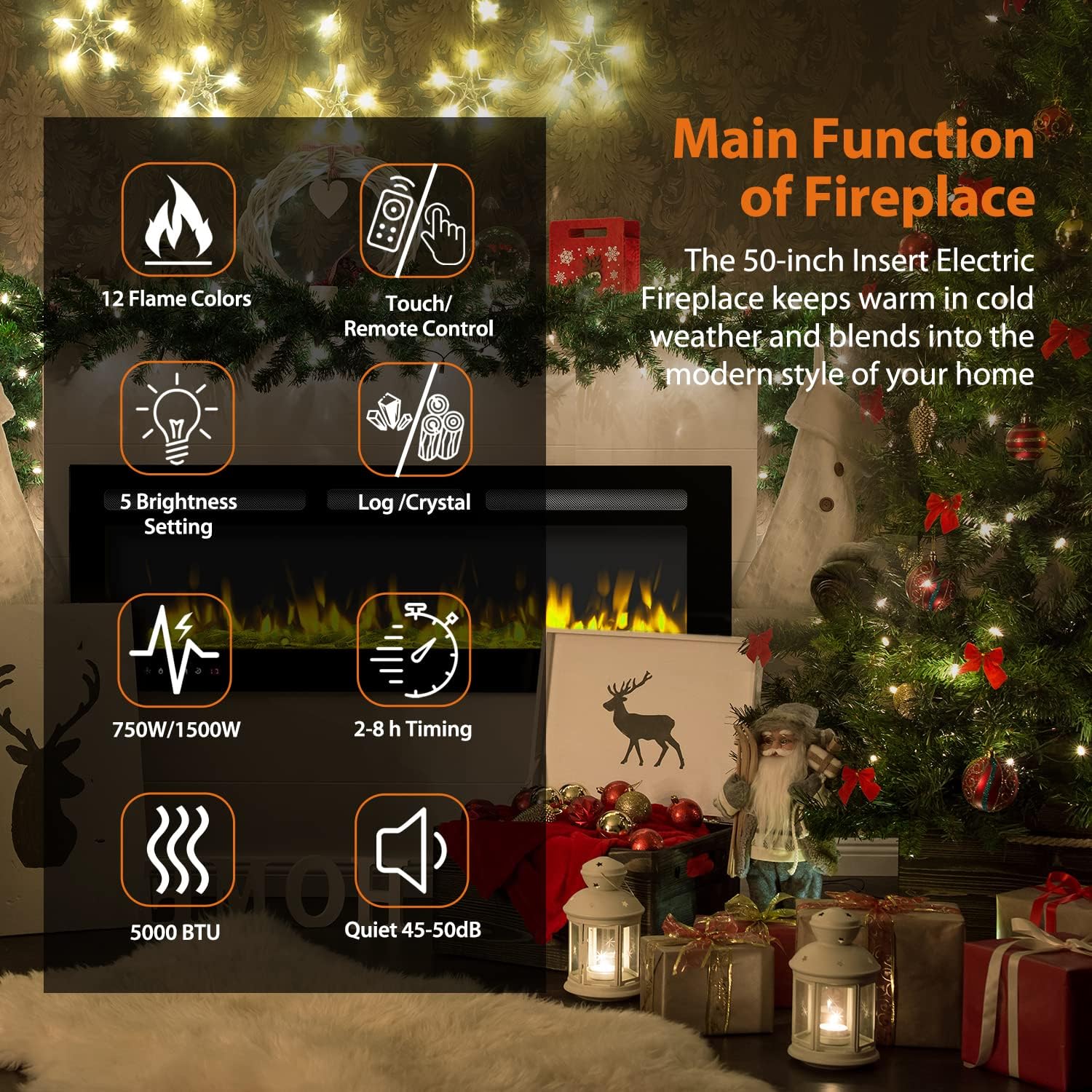 50 Inch Electric Fireplace Recessed Wall Mounted Fireplace Heater,5 Flame Settings 12 Flame Color with Remote Control Touch Screen Log and Crystal,750/1500W Heater
