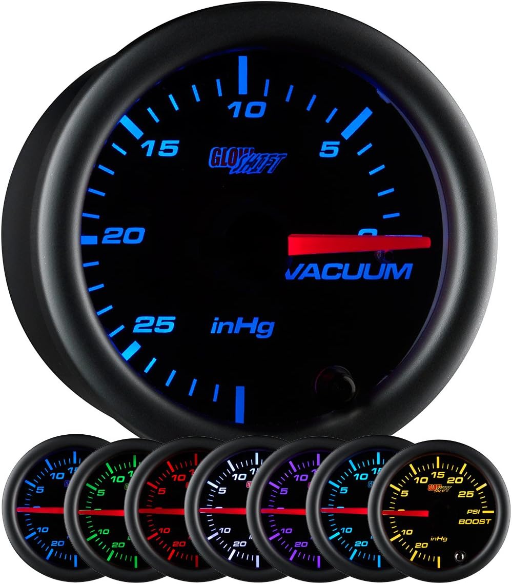 GlowShift Black 7 Color Vacuum Gauge Kit - Includes Mechanical Hose & T-Fitting - Black Dial - Clear Lens - 2-1/16