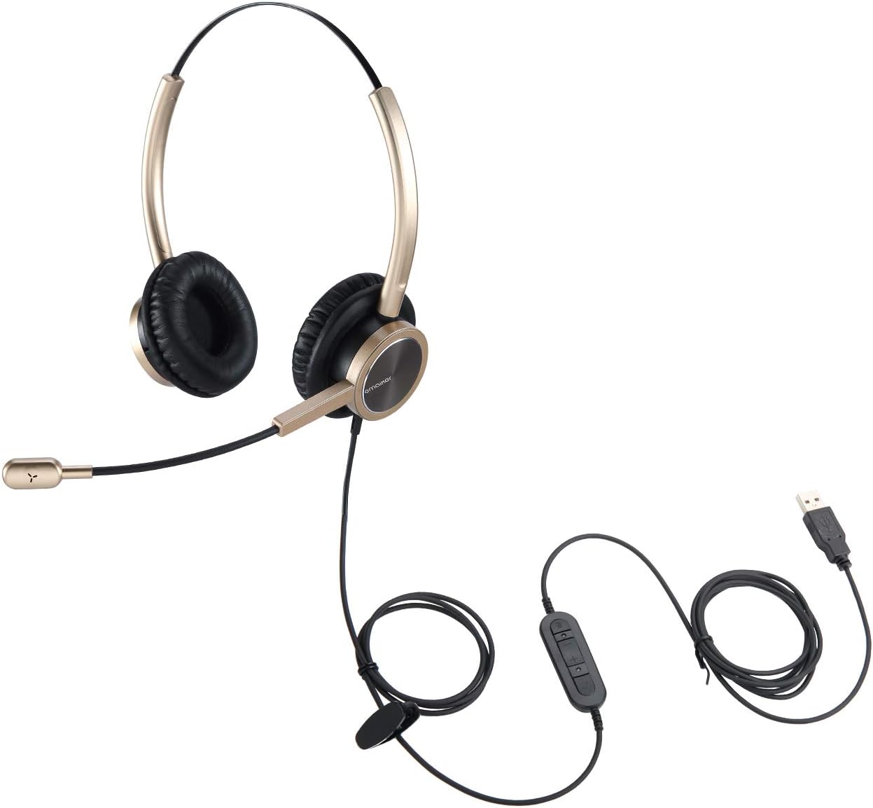 Emaiker Wired USB Headset with Noise Cancelling Microphone for PC, Gold Color USB Headphones for Office Call Center Work Skype Teams Zoom Conference Meeting E-Learning Voice Recognition Dictation Pack of 2