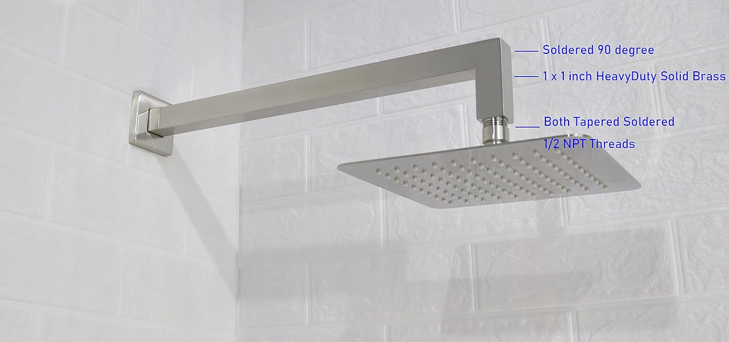 Aquaiaw Shower Arm and Flange, 16 inch, Solid Brass, Soldered 90 Degree, Both Soldered 1/2 NPT Tapered Threads, PVD Brushed Nickel, Square Wall Shower Arm Extension, Rainfall Shower Head Extension Arm Pack of 2