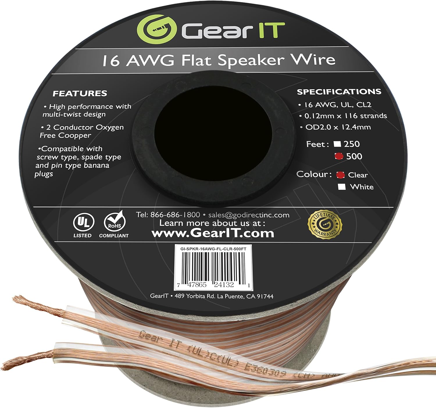 GearIT Elite Series 16AWG Flat Speaker Wire (500 Feet / 152 Meters) - Oxygen Free Copper (OFC) CL2 Rated in-Wall Installation, Clear Pack of 2