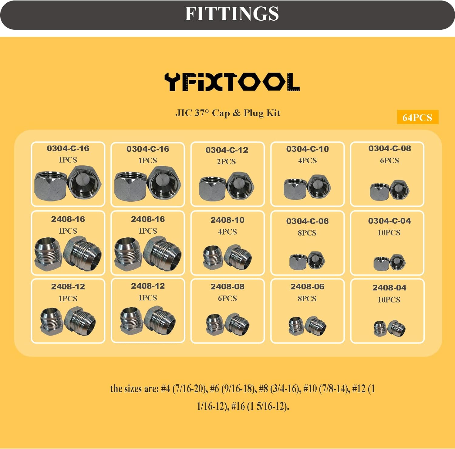 YFIXTOOL 64pcs JIC 37° Cap and Plug Kit, Hydraulic JIC Fittings with Dash Sizes 04 06 08 10 12 16 Pack of 2