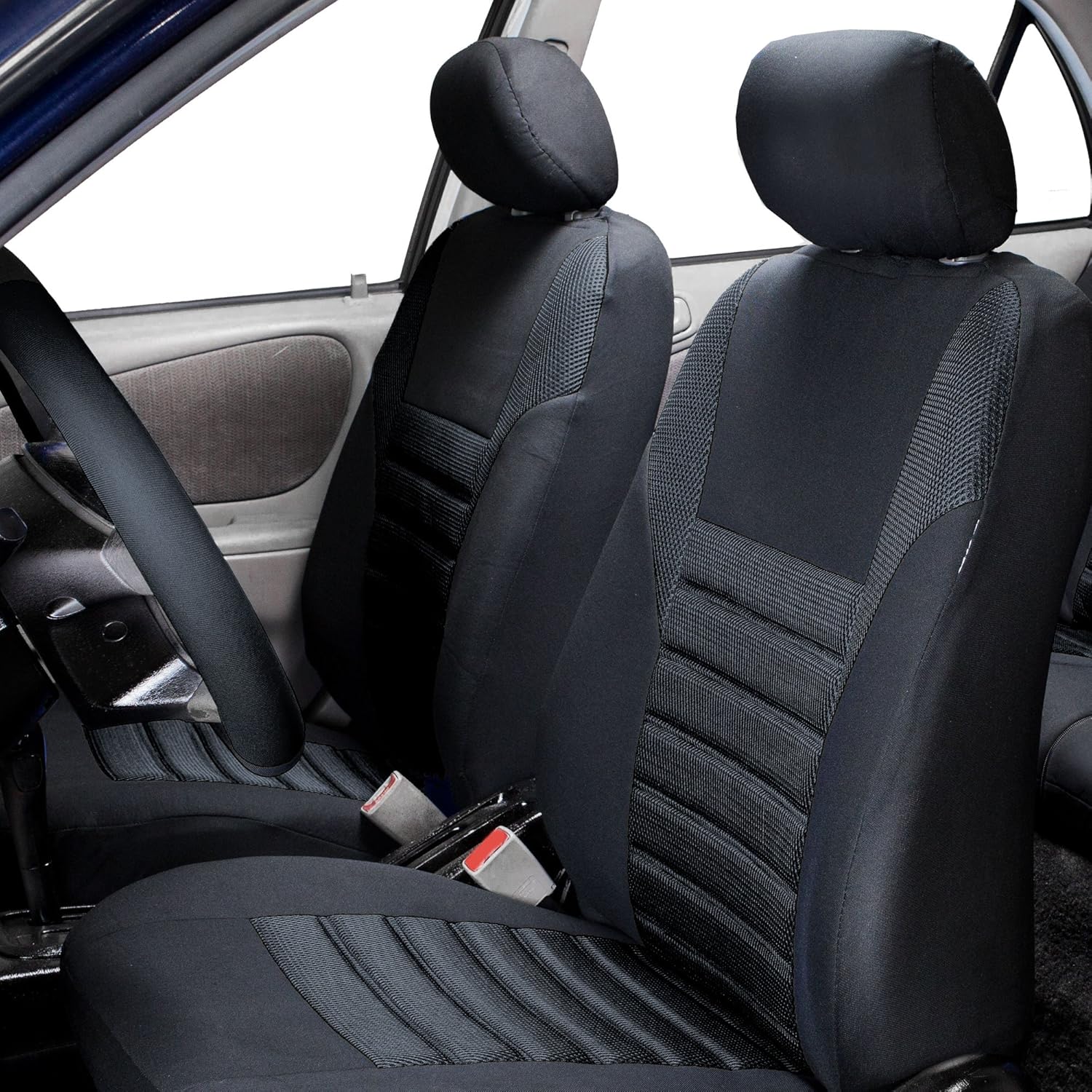 TLH 3D Air Mesh Fabric Front Set Seat Covers, Removable Headrests & Airbag Compatible, Black Color- Universal Fit for Cars, auto, Trucks, SUV