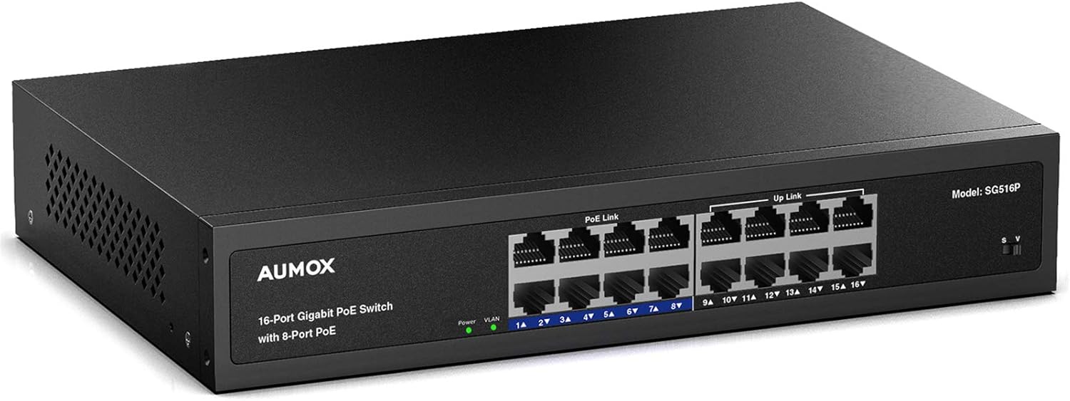 Aumox 16 Port with 8 x PoE 120W Network Switch, 8 x Uplink 802.3 af/at Gigabit Switch, Desktop or Rackmount Fanless Design, VLAN, Unmanaged (SG516P)