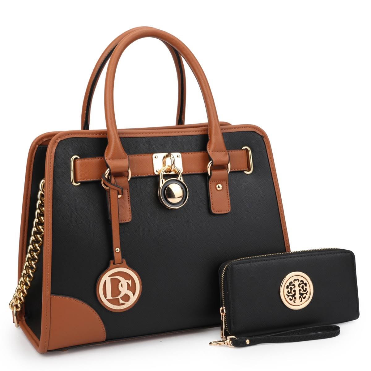 Dasein Chain Strap Satchel with Matching Wallet - Black