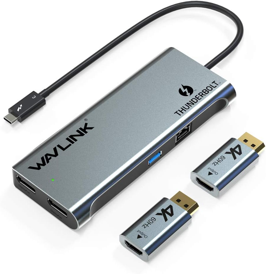WAVLINK Thunderbolt 3 Dual 4K Docking Station | Thunderbolt 3 to Dual DisplayPort Adapter Single 5K | Two DisplayPort to HDMI 2.0 Adapter for Mac and Windows(USB 3.0,Gigabit Ethernet)