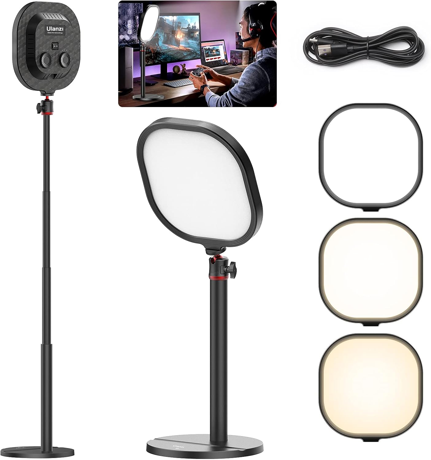 LED Streaming Key Light Desktop- K7 Extendable Home Office Lighting Live Broadcast 360° Fill Professional Studio LED Panel Multi-Layer Diffusion, Edge-lit Technology for Game Video Makeup Photograph Pack of 2