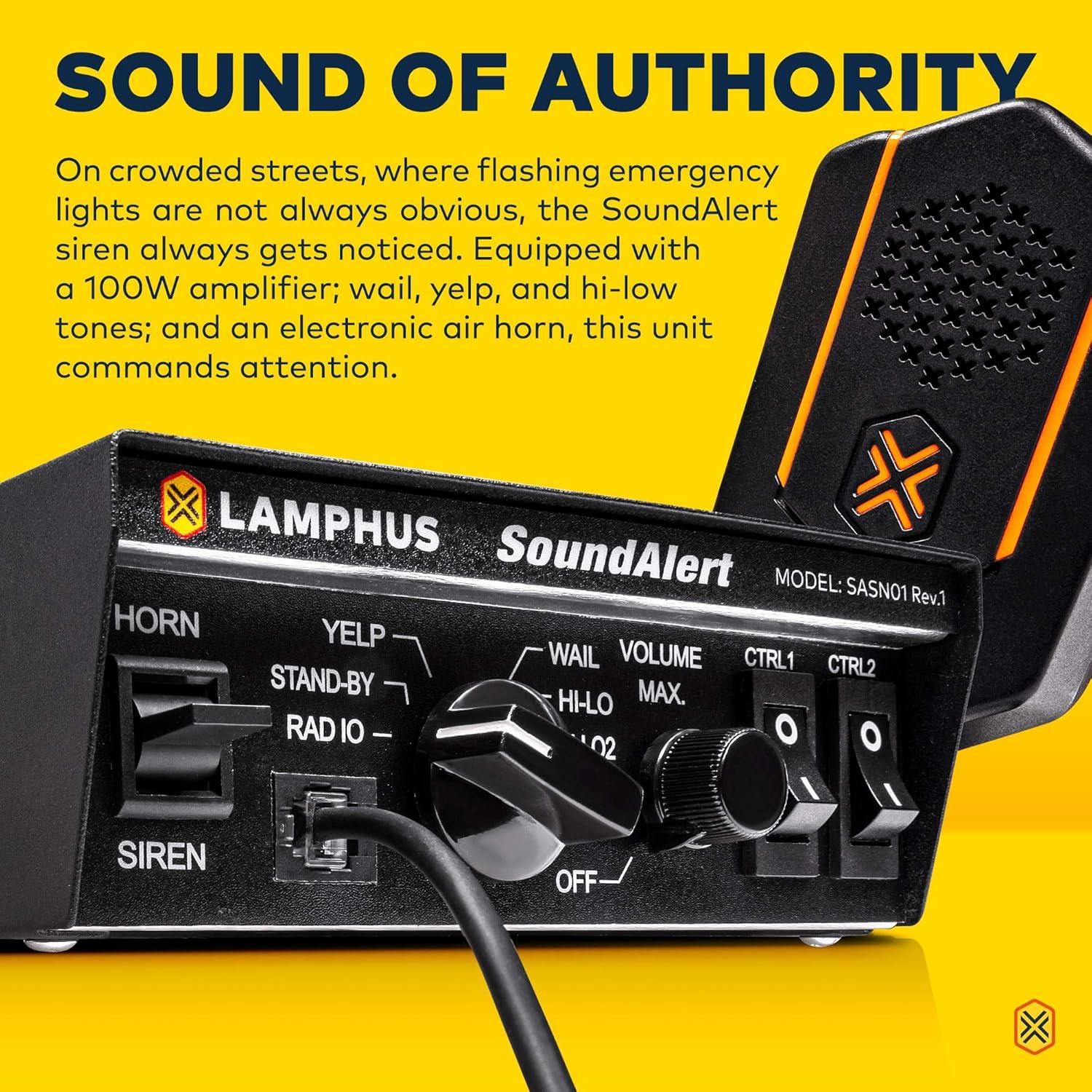 SoundAlert 100W Emergency Police Siren Kit [120-130dB Compact Speaker] [2 x 16A Switch Control] [Hands-Free Air Horn] [PTT Mic] [Radio Rebroadcast] Warning PA System for Emergency Vehicle Trucks Cars