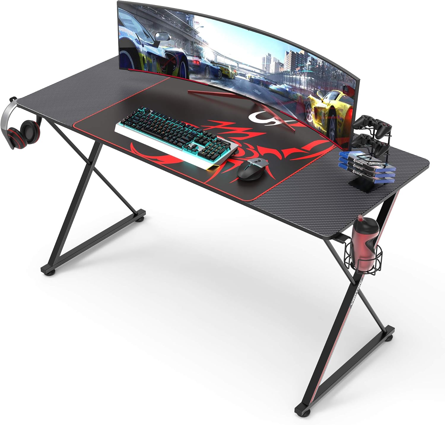 Gaming Computer Desk 55 inch, X Shaped PC Gaming Desk Table Home Office Workstation with Mouse Pad Cup Holder Headphone Hook, Black