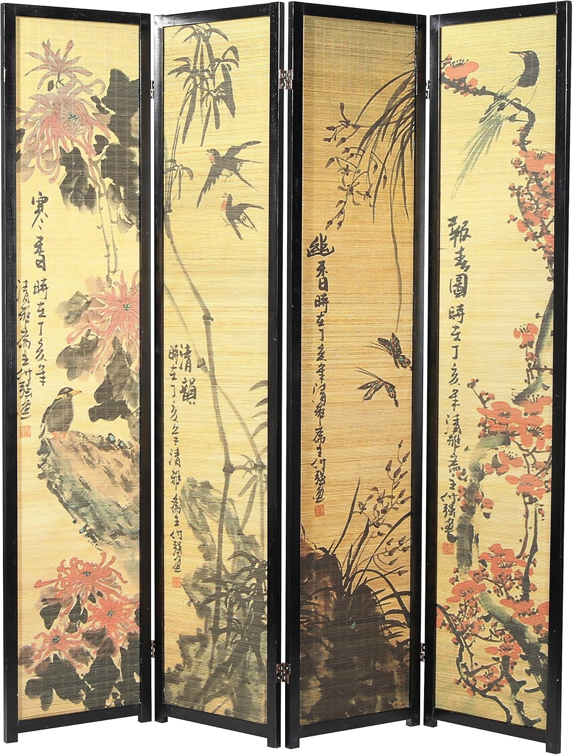 MyGift Decorative Chinese Calligraphy Design Wood & Bamboo Hinged 4 Panel Screen/Freestanding Room Divider, Black Frame