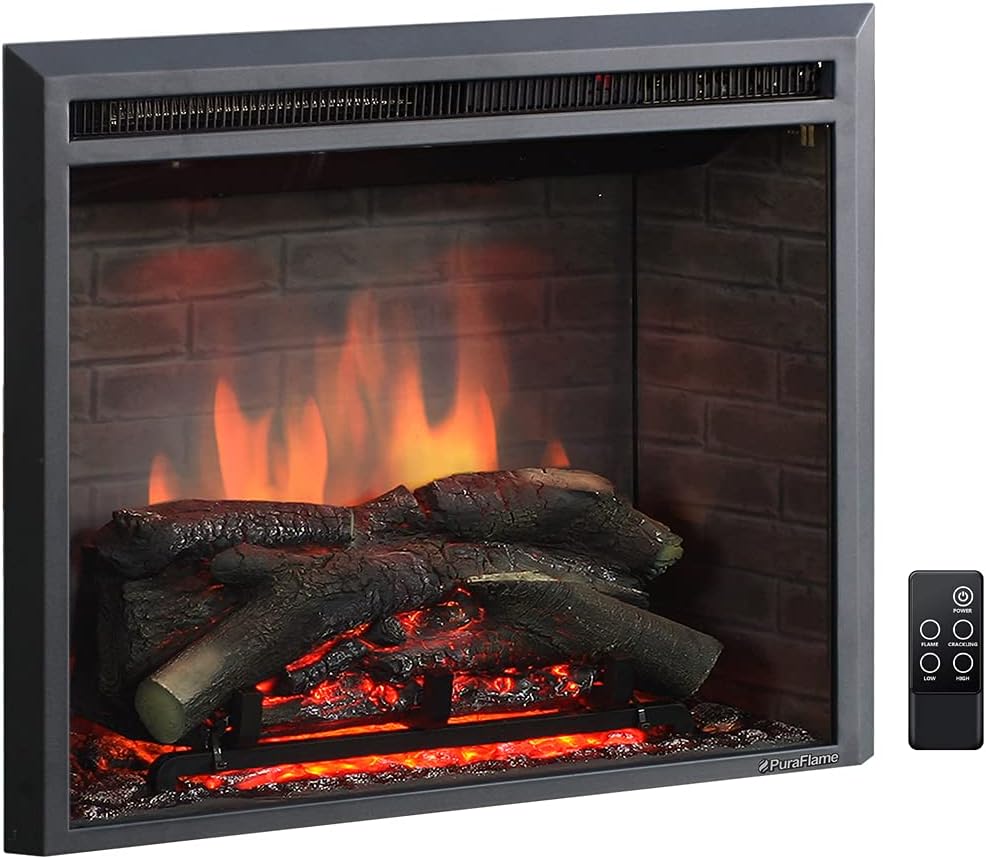 PuraFlame Western Electric Fireplace Insert with Fire Crackling Sound, Remote Control, 750/1500W, Black, 25 63/64 Inches Wide, 23 3/16 Inches High