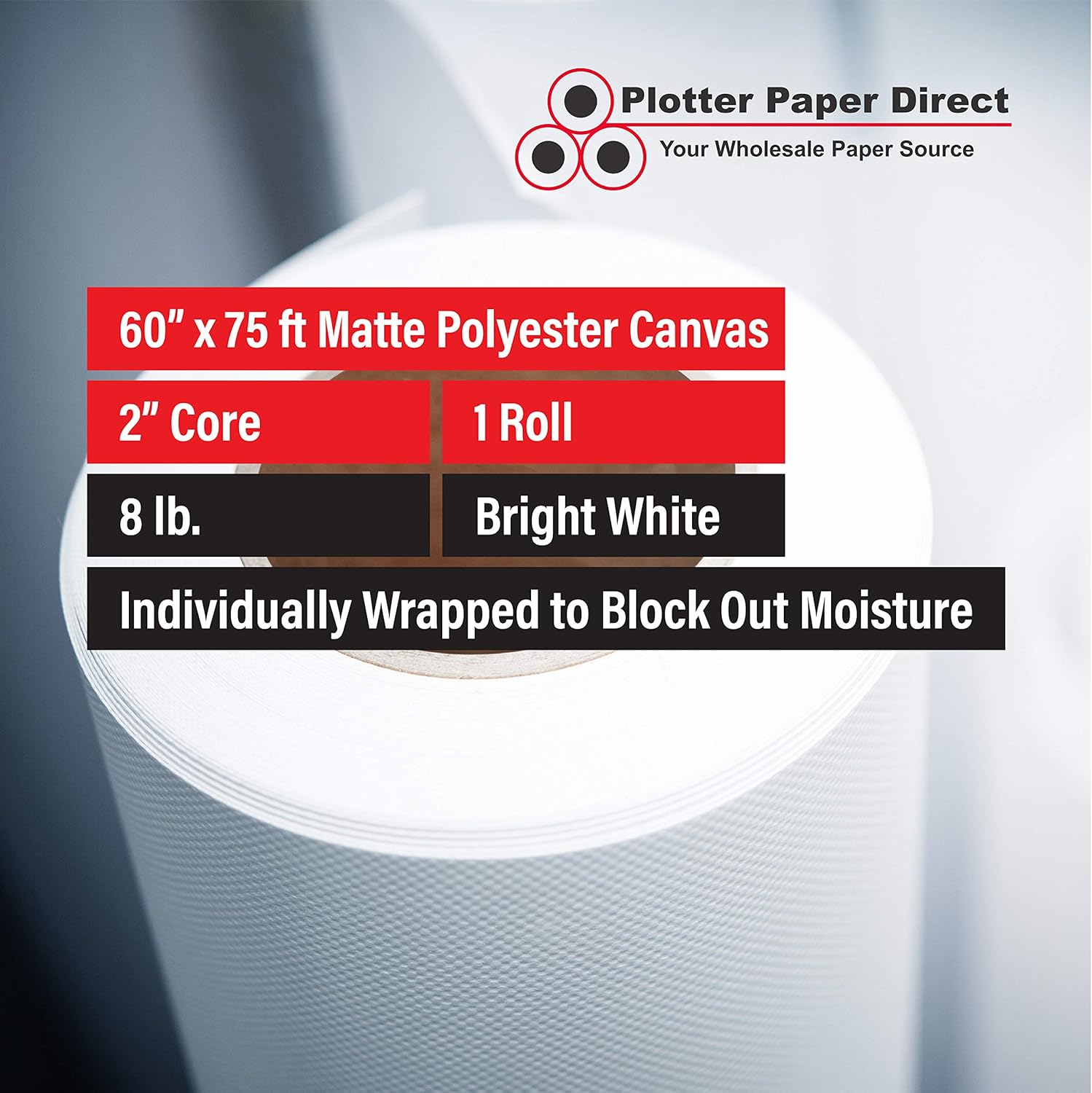 60'' x 75 ft. Professional Grade Matte Bright White Polyester Inkjet 15 mil / 8 oz / 280 GSM Canvas for Wide Format Printer Manufactured by Plotter Paper Direct