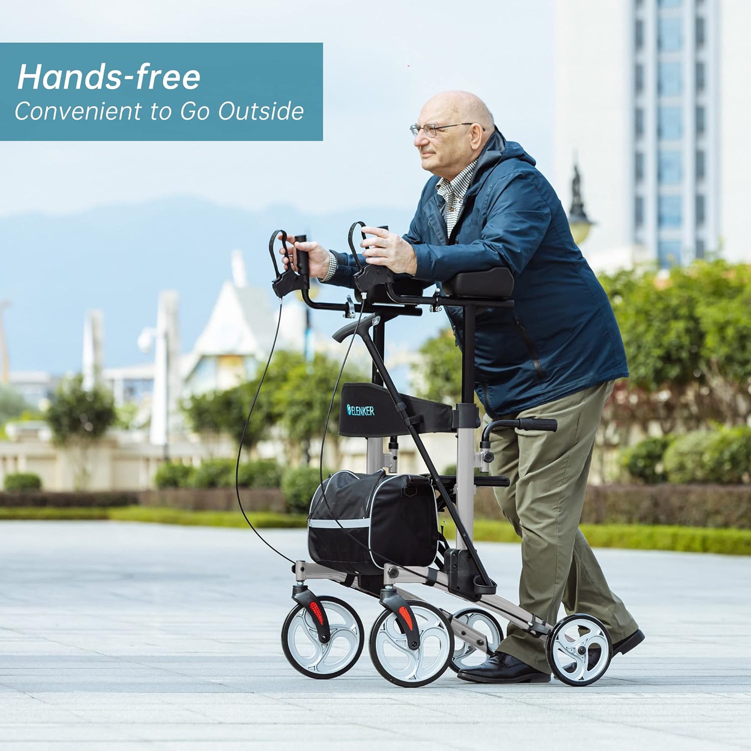 ELENKER Upright Walker, Stand Up Folding Rollator Walker with 10&rdquo; Front Wheels Backrest Seat and Padded Armrests for Seniors and Adults, Silver