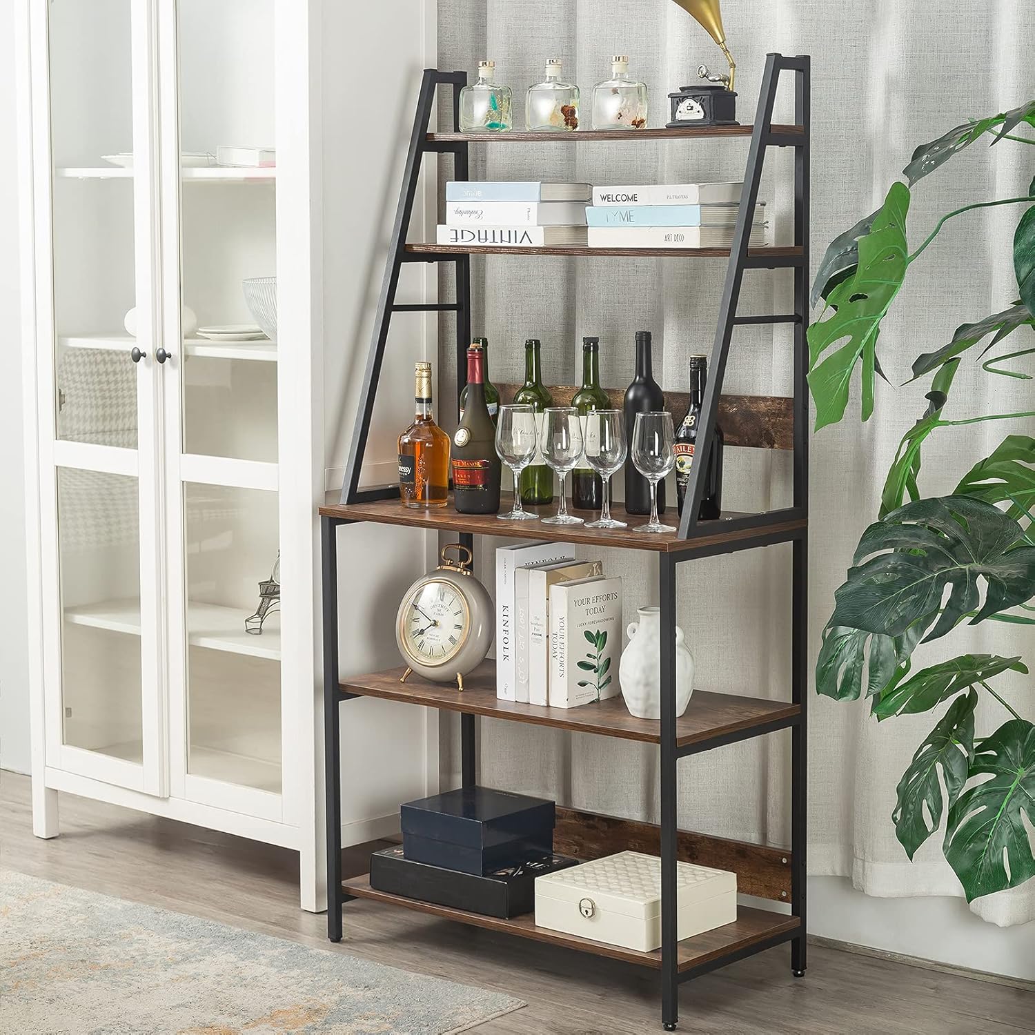 UHSTORAGE Kitchen Baker Rack with Shelves,Microwave Oven Stand with Side Hooks,Utility Storage Shelf,5-Tier Kitchen Organizer Rack for Spices Jars,Pots Pans,Toaster,Rustic Brown and Black UHS09-BRN-US