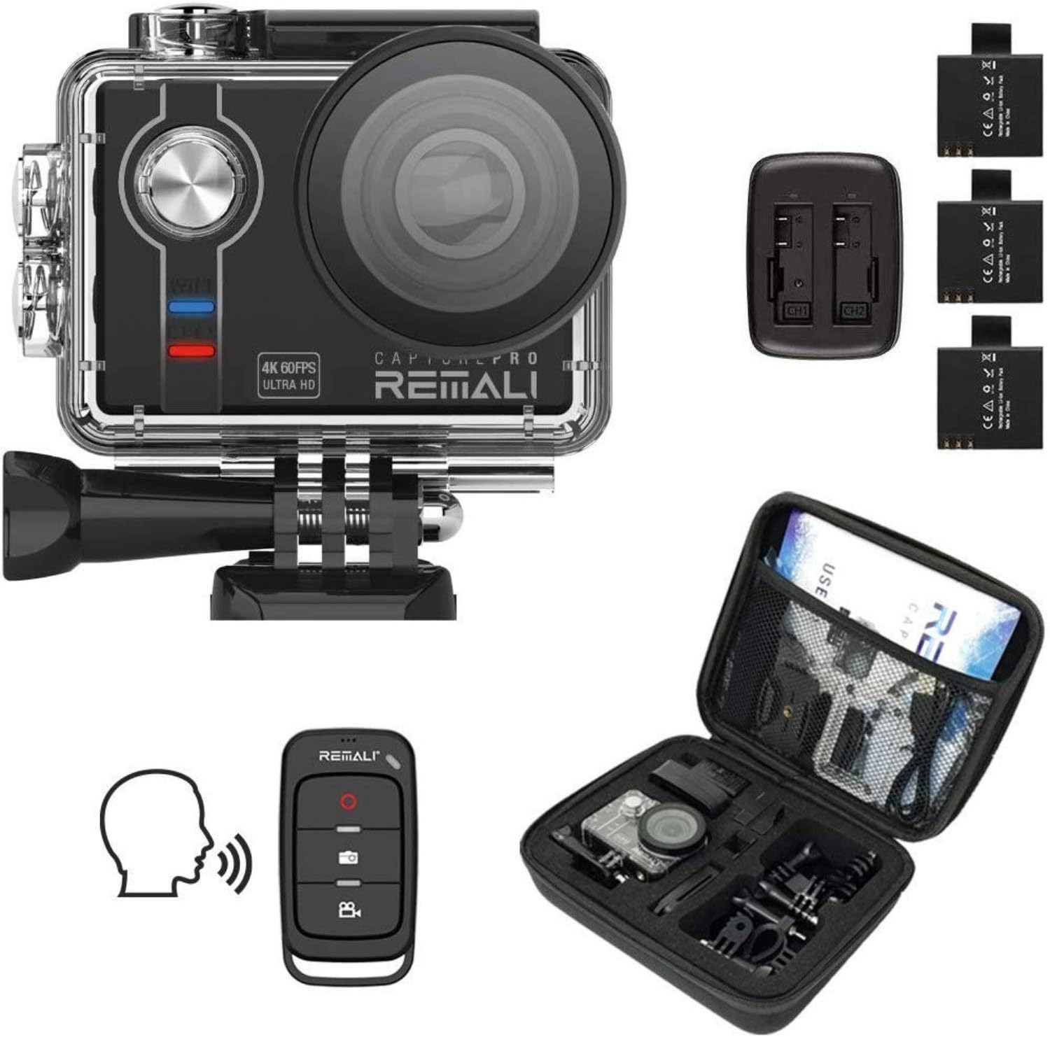REMALI CapturePro 4K/60fps 20MP Waterproof Sports Action Camera Kit with Carrying Case + 3 Batteries, WiFi, 2