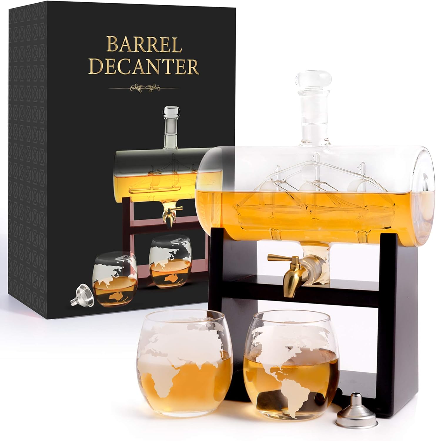 Whiskey Decanter Whisky Decanter & Glass Set Antique Barrel Ship Decanter Handblown Gift for Men Includes Stand 1160 ml Dispenser 2 Whiskey Globe Glasses for Whisky Scotch Bourbon Wine Rum Tequila Pack of 2