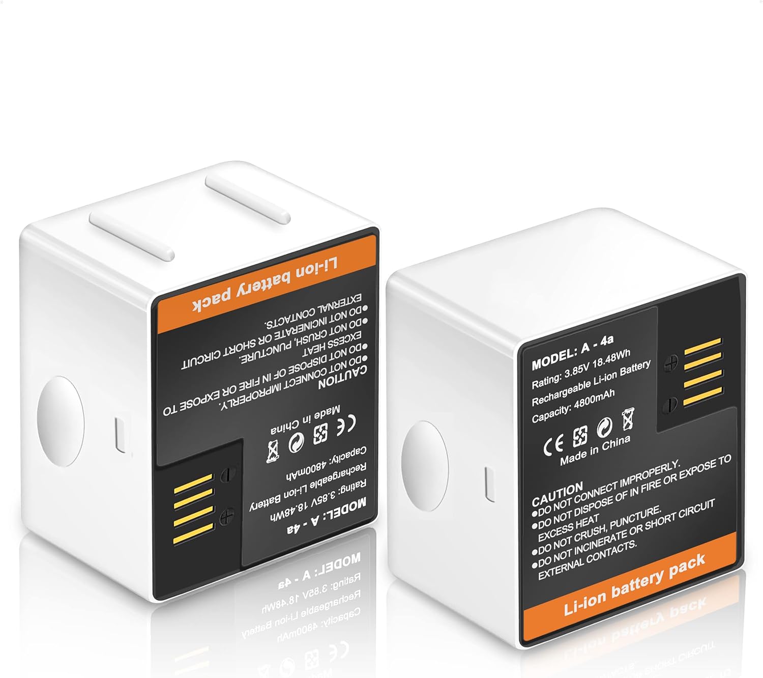 DONGNI 2-Pack A-4A Battery for Arlo Pro 3/ Pro 4/ Ultra/Ultra 2 Camera, VMA5400 VMC5040 vms4340P VMC4040P VMC4050P VMS4240P VMS4640P Camera Rechargeable Batteries Pack 3.85V 18.48WH 4800mAh