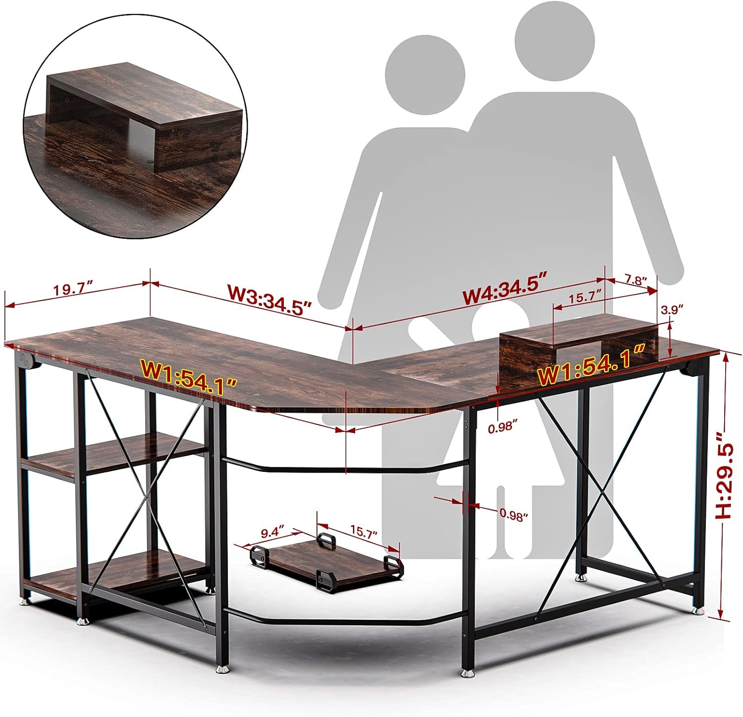 GIKPAL L-Shaped Desk Computer Corner Desk,54 inch Home Gaming Desk, Office Writing Workstation with Storage Shelves, Space-Saving, Rustic Brown