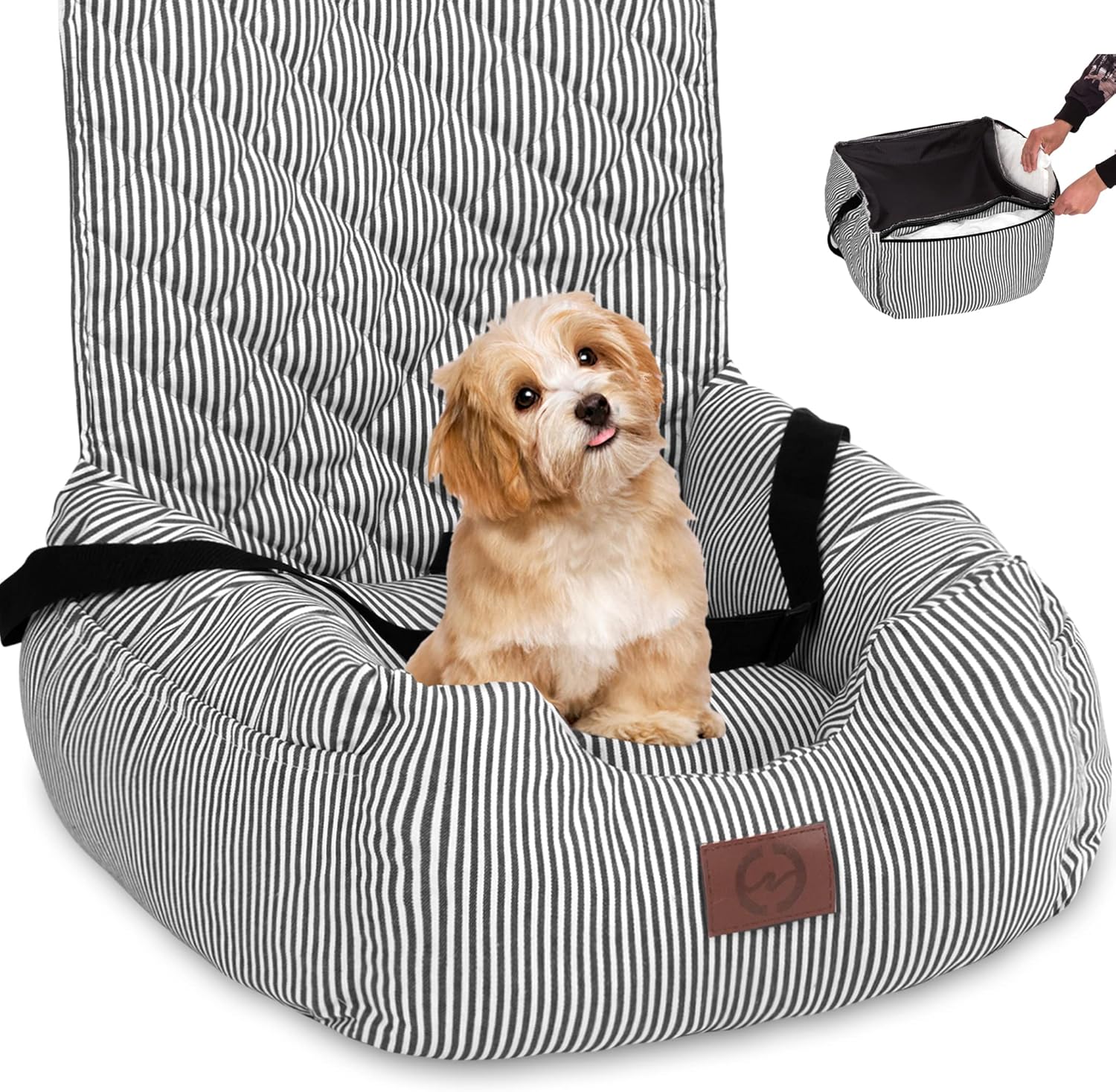 FAREYY Dog Car Seat for Small Dogs, Fully Detachable and Washable Pet Booster Seat Travel Safety Dog Seat Dog Bed for Car with Storage Pockets and Clip-On Safety Leash