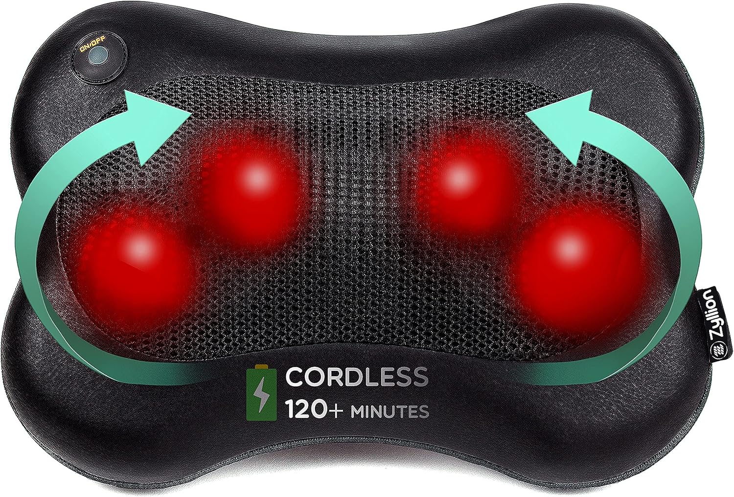 Zyllion Shiatsu Back and Neck Massager - Cordless Rechargeable 3D Kneading Massage Pillow with Heat for Muscle Pain Relief - Black (ZMA-13RB-BK)