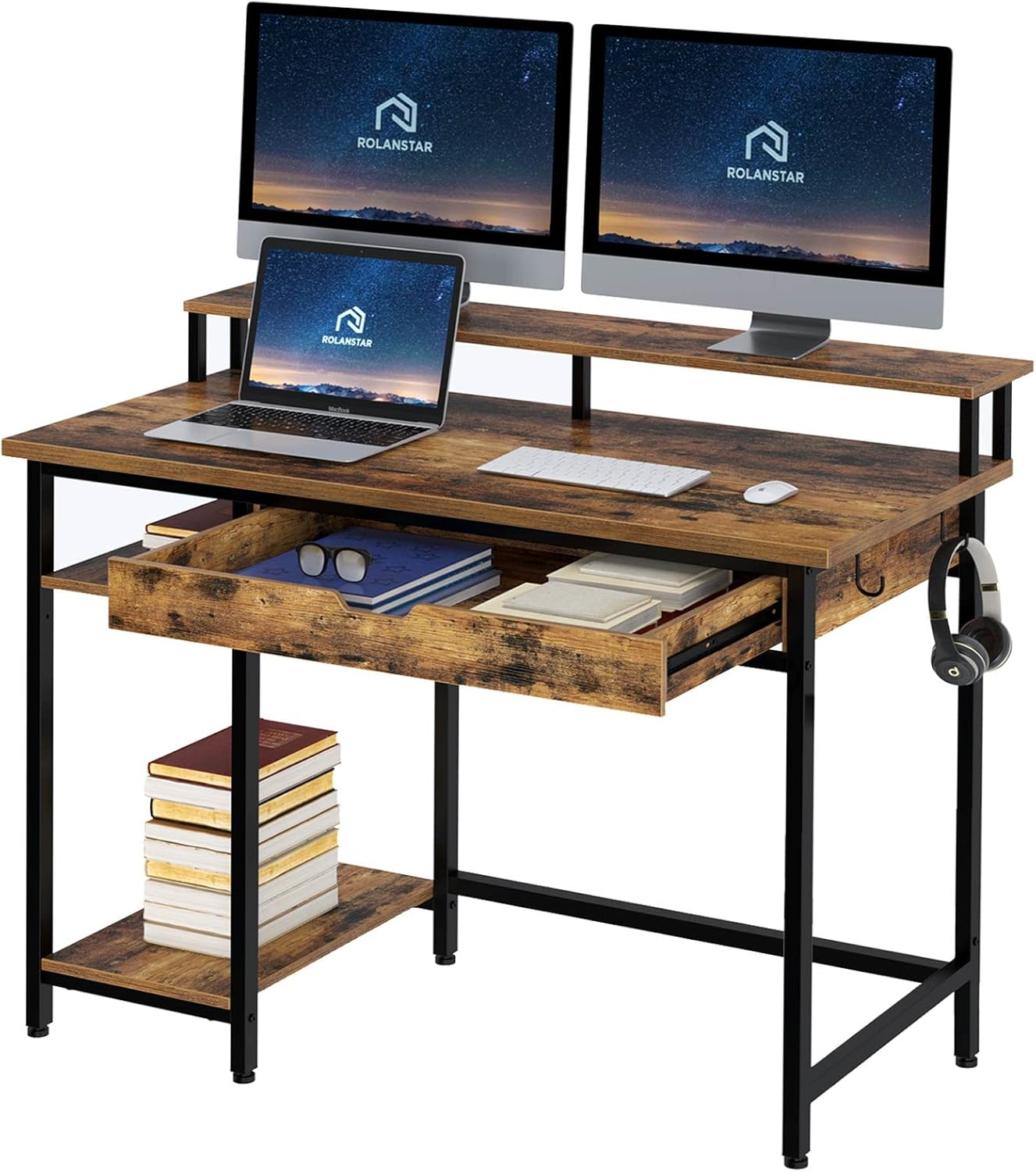 Rolanstar Computer Desk with Monitor Stand and Drawer, 47