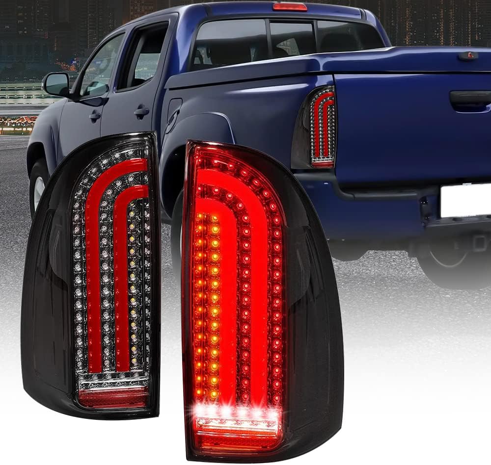 Full Led Tail lights Fit For 2005-2015 Toyota Tacoma Tail light for 2nd Gen Tacoma LED Brake Light reverse light Rear Lamps Assembly Driver and Passenger Side Smoked Housing (Black）