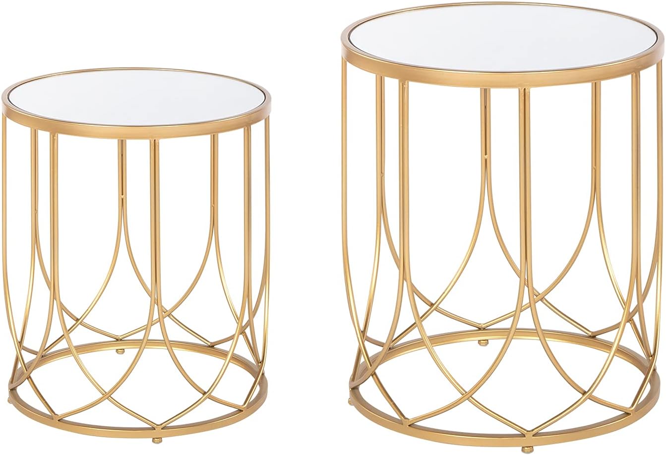 Premium Side End Table w/Glass Top & Metal Frame, Geo Eyelet Pattern Accent Table for Living Room, Golden