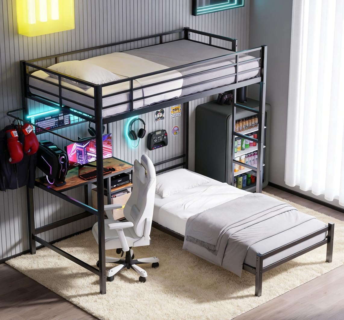 Bellemave Twin Over Twin bunk Bed with Desk and LED Charging Station, loft Bed with Desk and Shelves Drawer, Twin Over Twin Metal Bunk Beds with Storage, Black