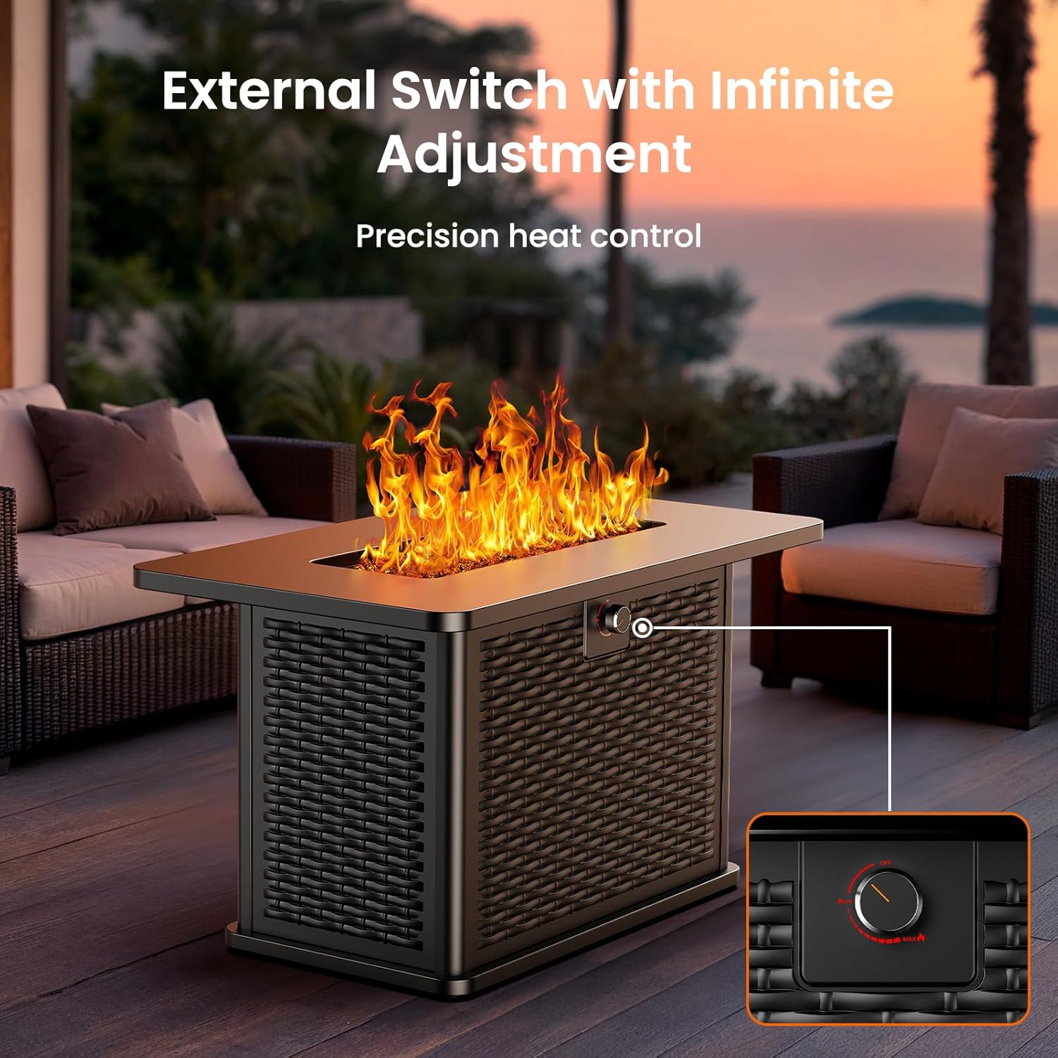 AMADA HOMEFURNISHING 43 Inch Propane Fire Pit Table, 60,000 BTU Gas Fire Pit with Lava Rocks, Waterproof Cover, Removable Lid, Cup Holders, 2-in-1 Fire Table for Patio, Backyard, Garden, Black