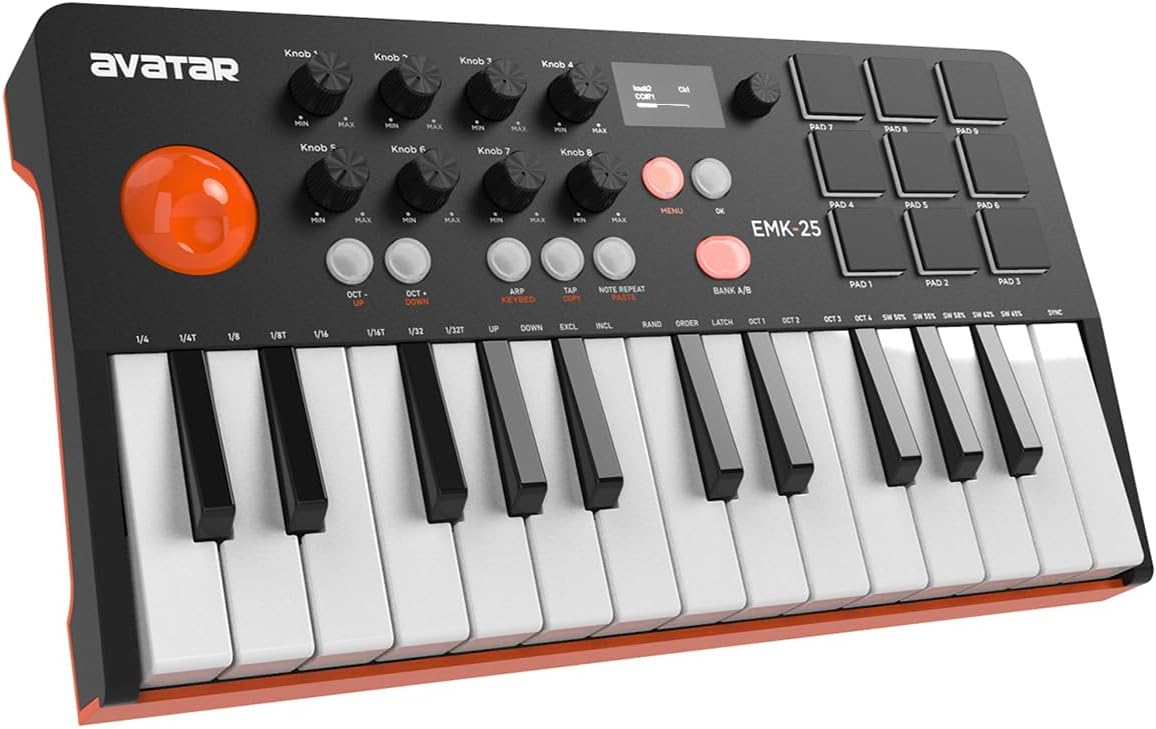 Portable Bluetooth MIDI Keyboard Controller, With 25 Key, 9 Backlit Beat Pads, OLED Display, 8 Knobs, Software Included, USB Powered/Battery Operation