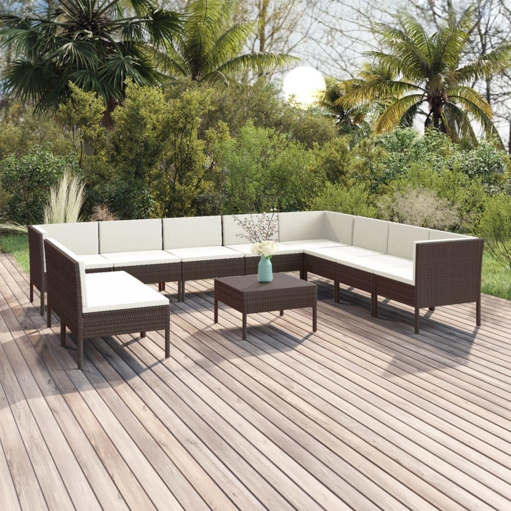 11 Piece Patio Lounge Set with Cushions Poly Rattan Brown,Cozy Patio Lounge Set: Relaxing Outdoor Furniture for Sunny Gatherings Patio Furniture Sets, Outdoor Furniture Sets