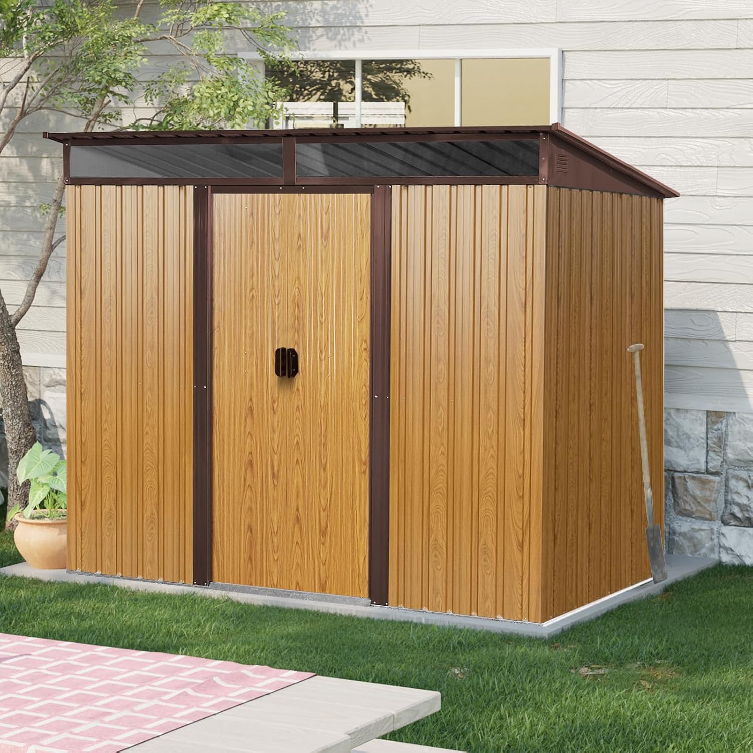 6x8 FT Outdoor Storage Shed, Metal Garden Shed with Frame Floor, Outside Tool Shed with Lockable Sliding Doors, Waterproof Storage Building with Sloped Roof & Air Vents for Backyard, Patio, Coffee
