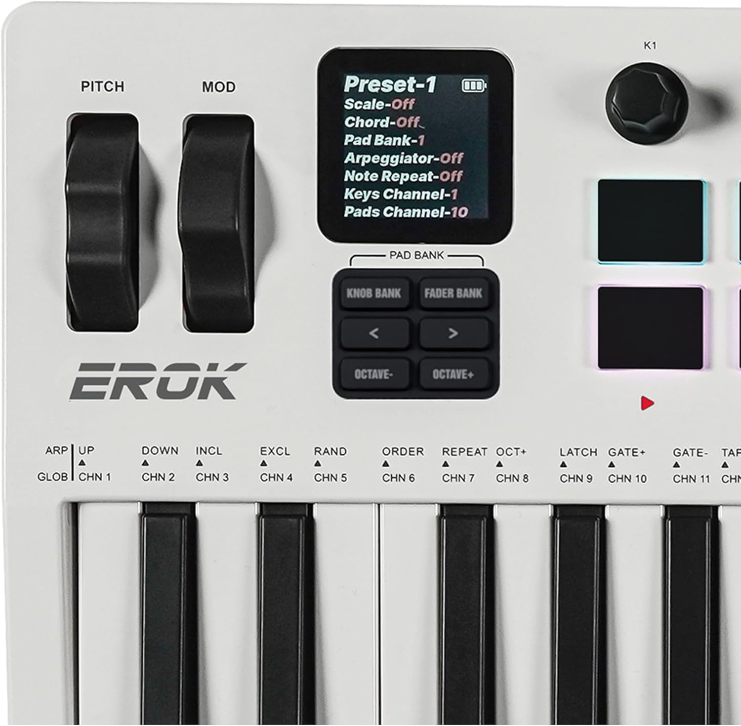 EROK 37 Keys MIDI Keyboard Controller with 3.5mm MIDI Output, 16 Backlit Drum Pads, 8 Knobs, DAW Integration & Arpeggiator, Music Production Equipment and Studio Controller (White)