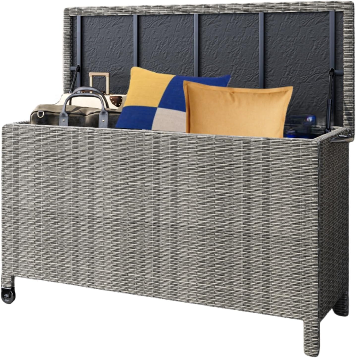 120 Gallon Wicker Deck Box, Waterproof Outdoor Storage Box with Wheels, Large Storage Bench Organizer for Patio Backyard Cushions, Garden Tools and Pool Supplies, Gray